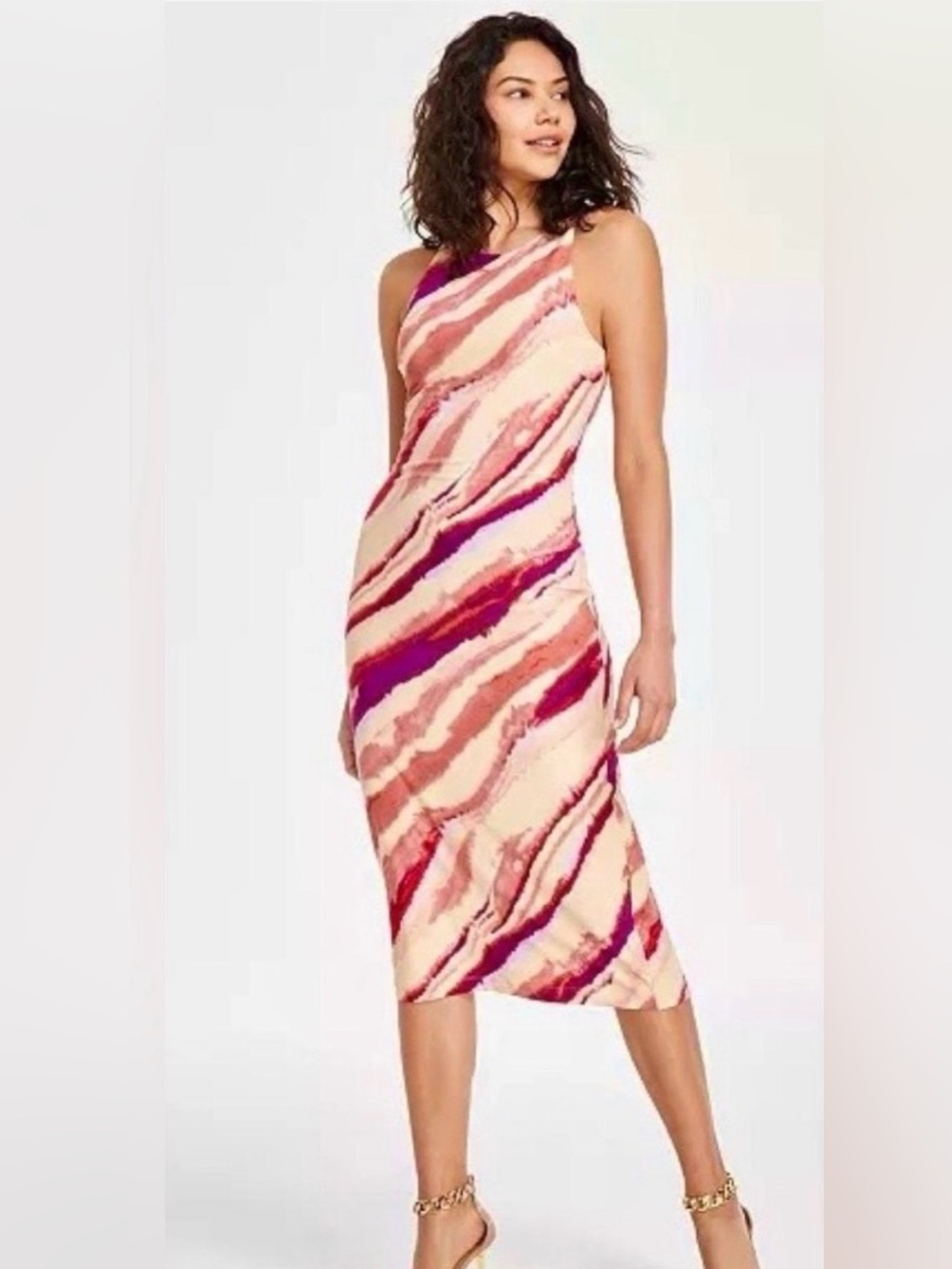 NWT Sleeveless Pink & Magenta Wave-Print Midi Dress